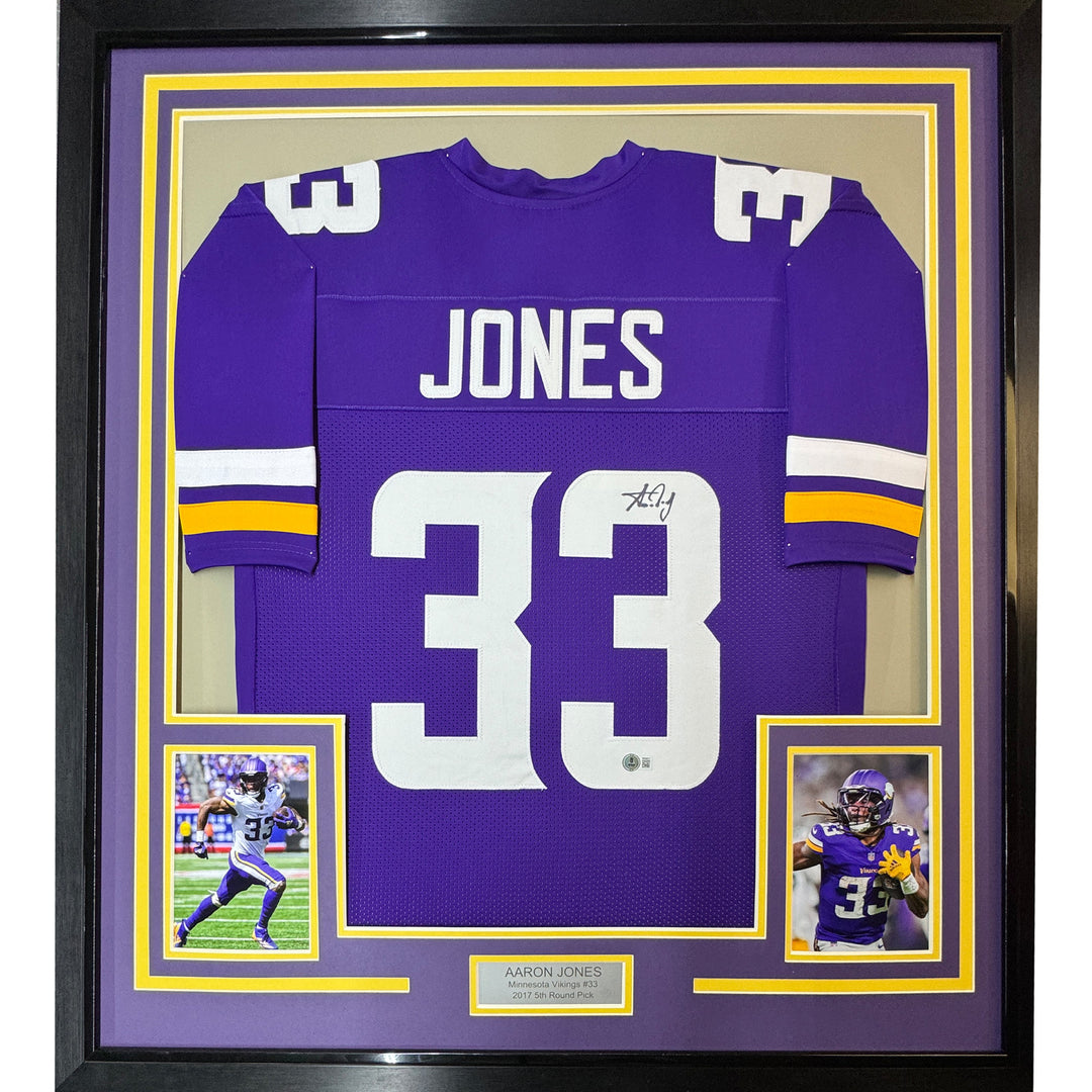 Framed Autographed/Signed Aaron Jones 35x39 Minnesota Purple Jersey Beckett COA