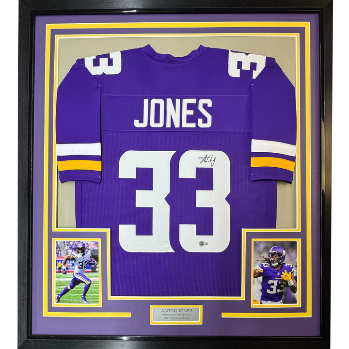 Framed Autographed/Signed Aaron Jones 35x39 Minnesota Purple Jersey Beckett COA