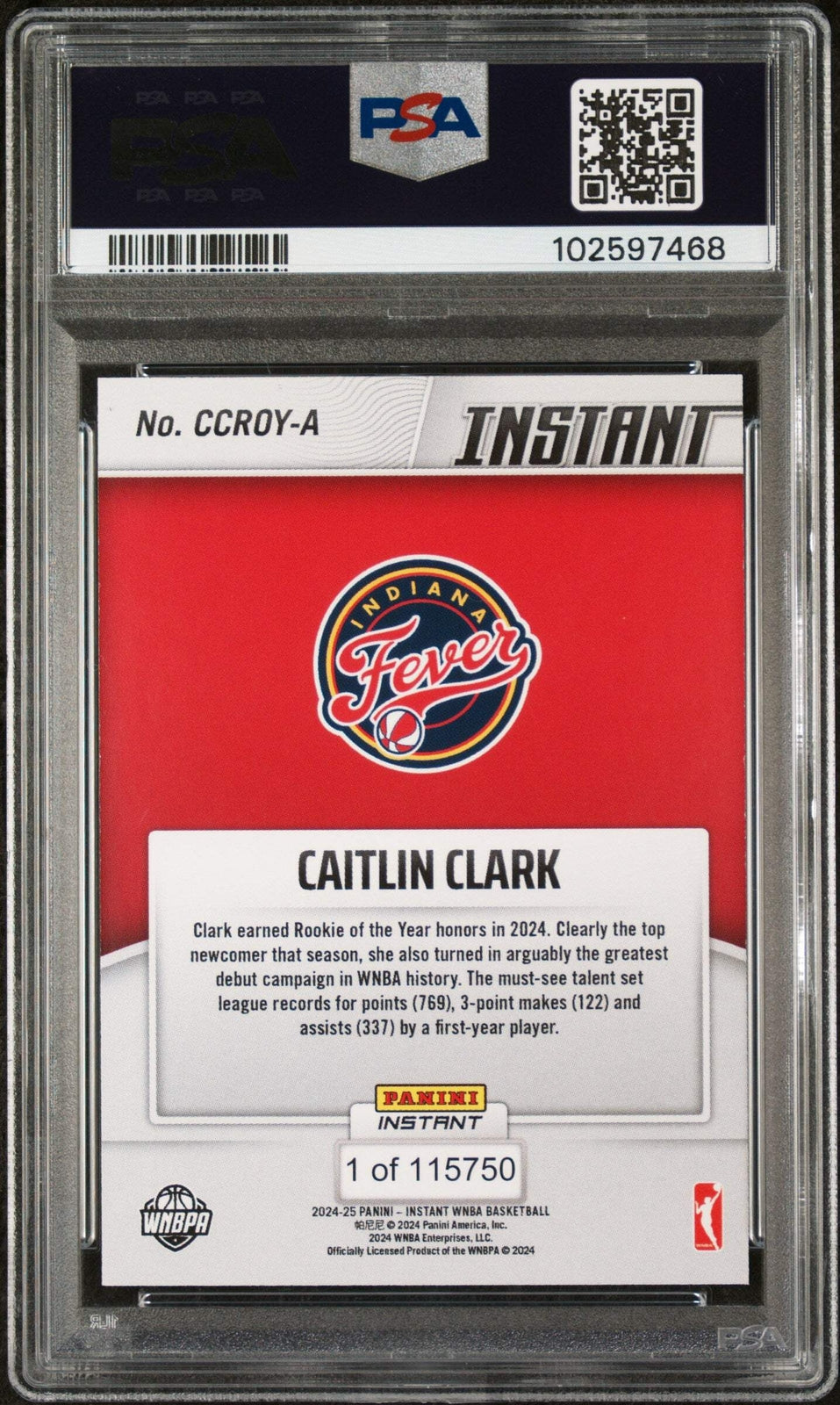 Graded 2024 Panini Instant WNBA Caitlin Clark #A Rookie of the Year Card PSA 10