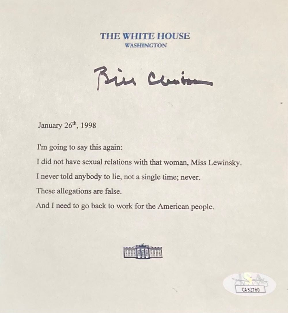 Bill Clinton Autographed In Black Mock White House Letter Monica Lewinsky 6x6
