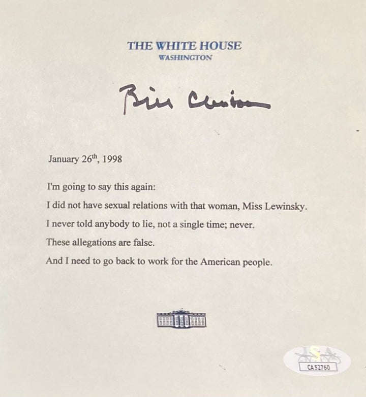 Bill Clinton Autographed In Black Mock White House Letter Monica Lewinsky 6x6