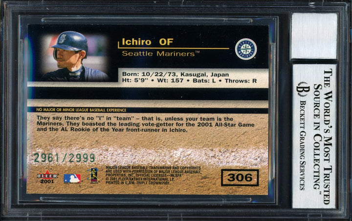 Ichiro Suzuki Signed 2001 Fleer Triple Crown RC 306 #2961/2999 Auto 10 Beckett