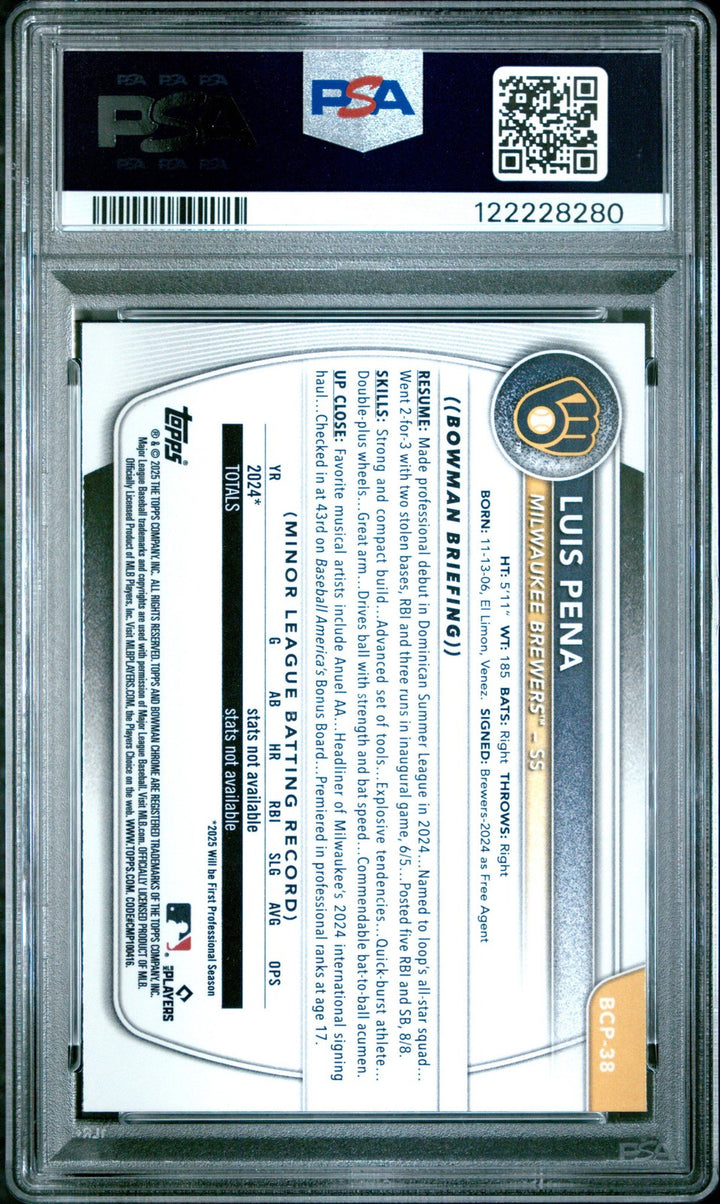 Graded 2025 Bowman Luis Pena #BCP38 Chrome Prospects Rookie Baseball Card PSA 9