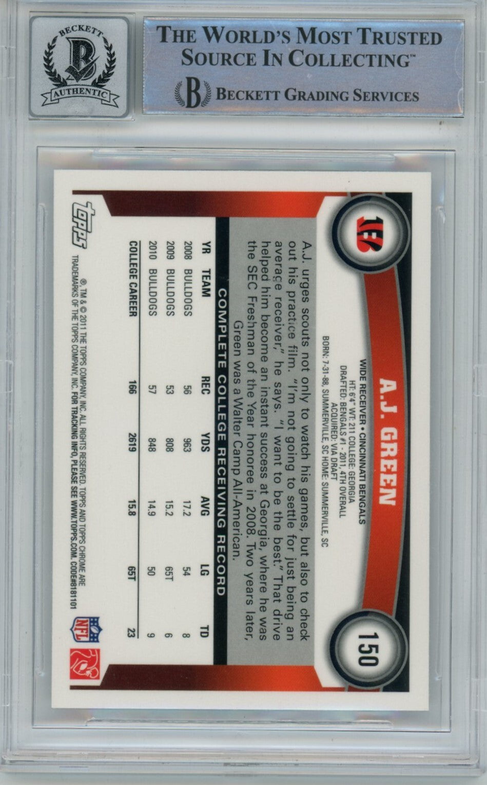 AJ Green Signed Bengals 2011 Topps Chrome #150 Beckett Auto 10 40720