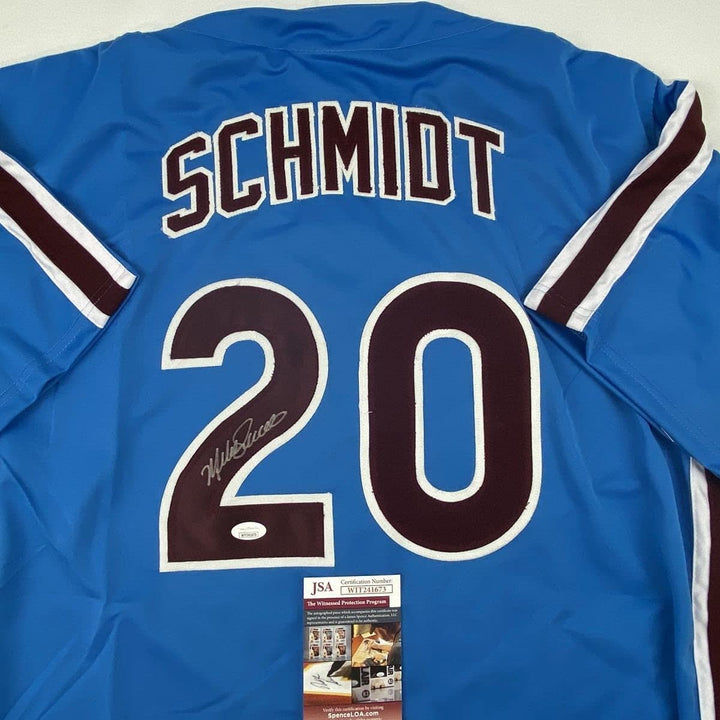 Autographed/Signed Mike Schmidt Philadelphia Retro Blue Jersey JSA COA