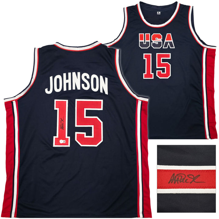 Team USA Magic Johnson Autographed Blue Jersey Beckett BAS QR