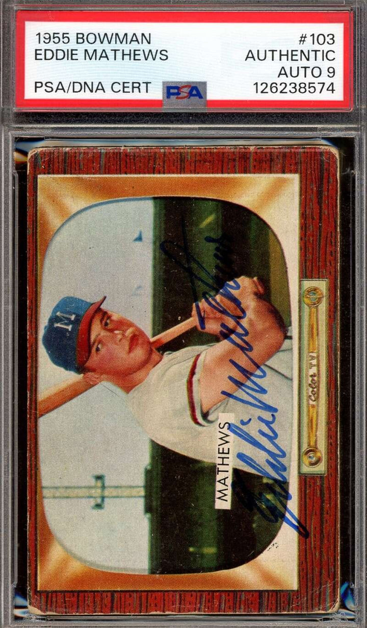 Eddie Mathews Mint 9 PSA DNA Signed 1955 Bowman Autograph