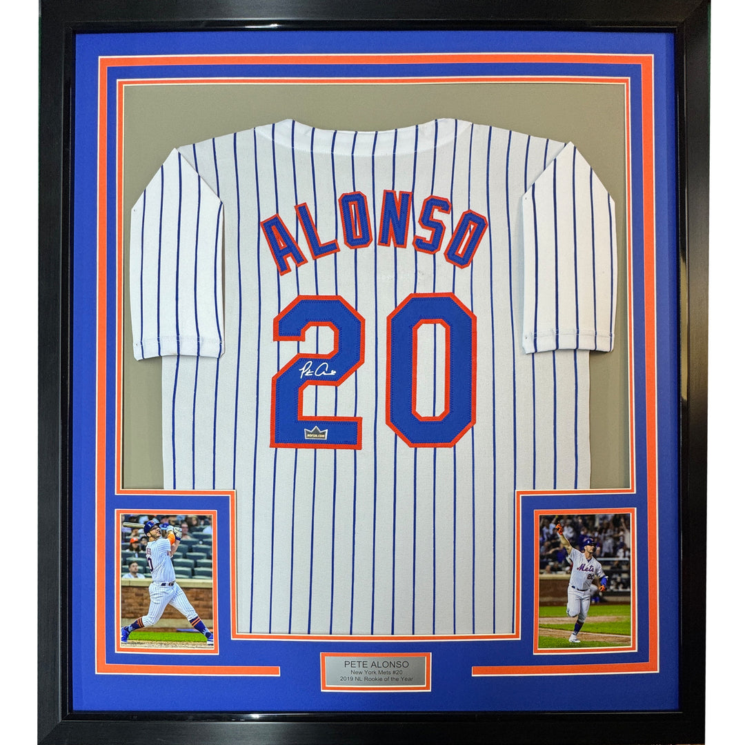 Framed Facsimile Autographed Pete Alonso 33x42 Pinstripe Reprint Laser Jersey