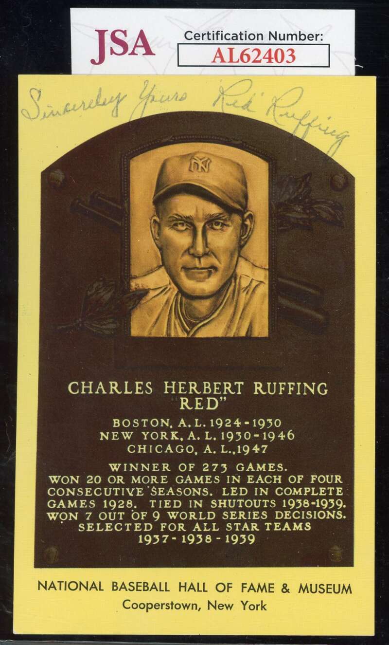 Red Ruffing JSA Coa Signed Gold Hall of Fame Plaque Autograph