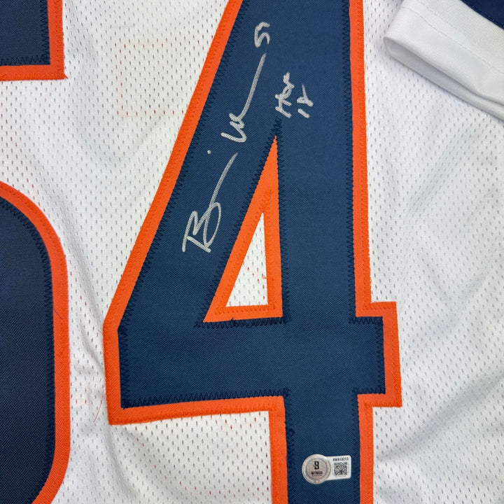 Autographed/Signed Brian Urlacher HOF 18 Chicago White Football Jersey BAS COA