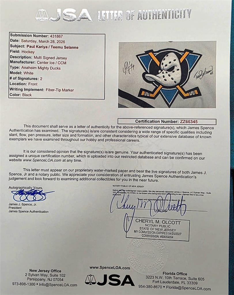 Teemu Selanne & Paul Kariya signed vintage Mighty Ducks CCM autograph JSA