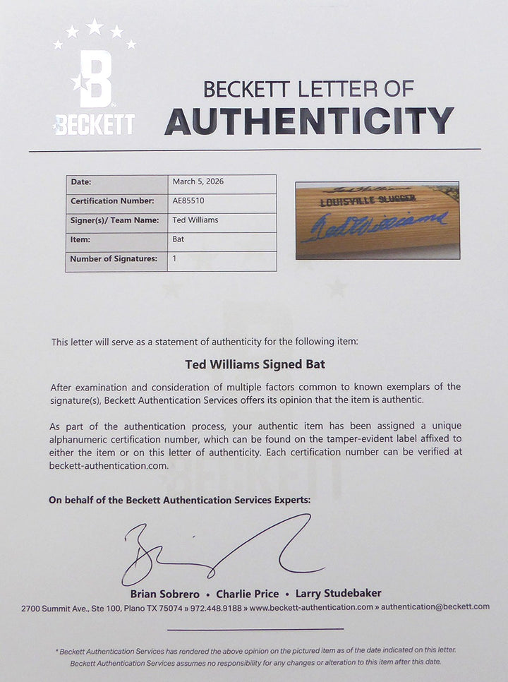 Ted Williams Signed L Slugger Game Model Bat Red Sox #/521 Beckett #AE85510