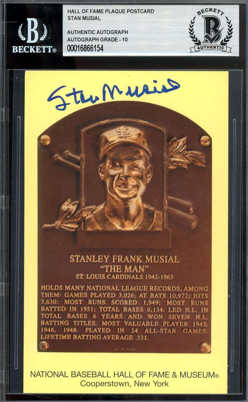 Stan Musial Gem Mint 10 Beckett BAS Signed Gold HoF Plaque Postcard Autographed