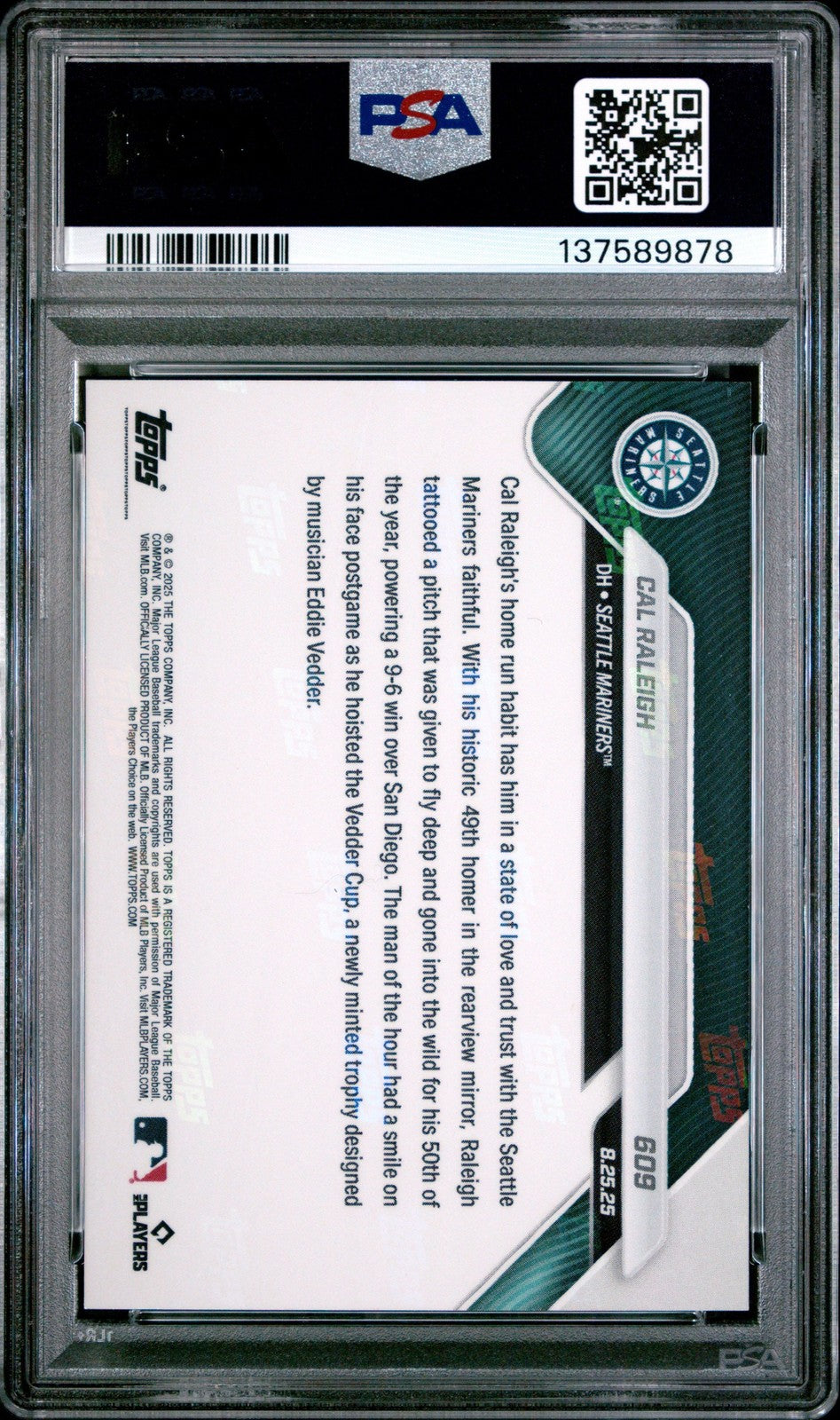 Graded 2025 Topps Now Cal Raleigh #609 50th Home Run Card PSA 10 Mint