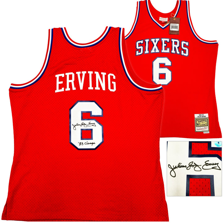 76ers Julius Dr J Erving Auto Red Mitchell Ness Swingman 82 Jersey 83 Champ BAS