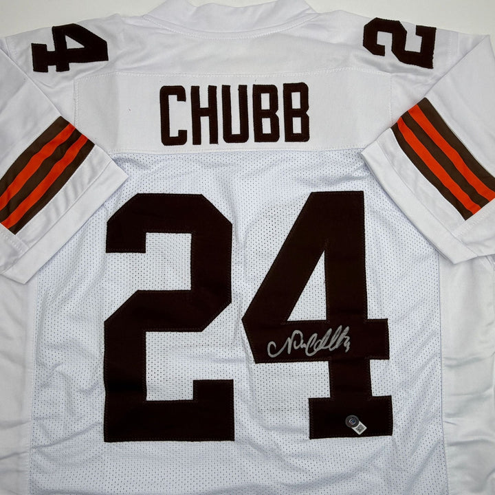 Autographed/Signed Nick Chubb Cleveland White Football Jersey Beckett COA