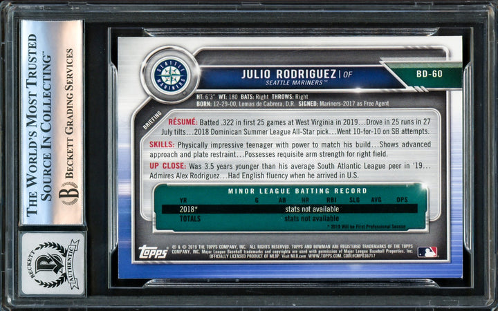 Julio Rodriguez Signed 2019 Bowman Draft RC BD60 Mariners Auto GM 10 Beckett