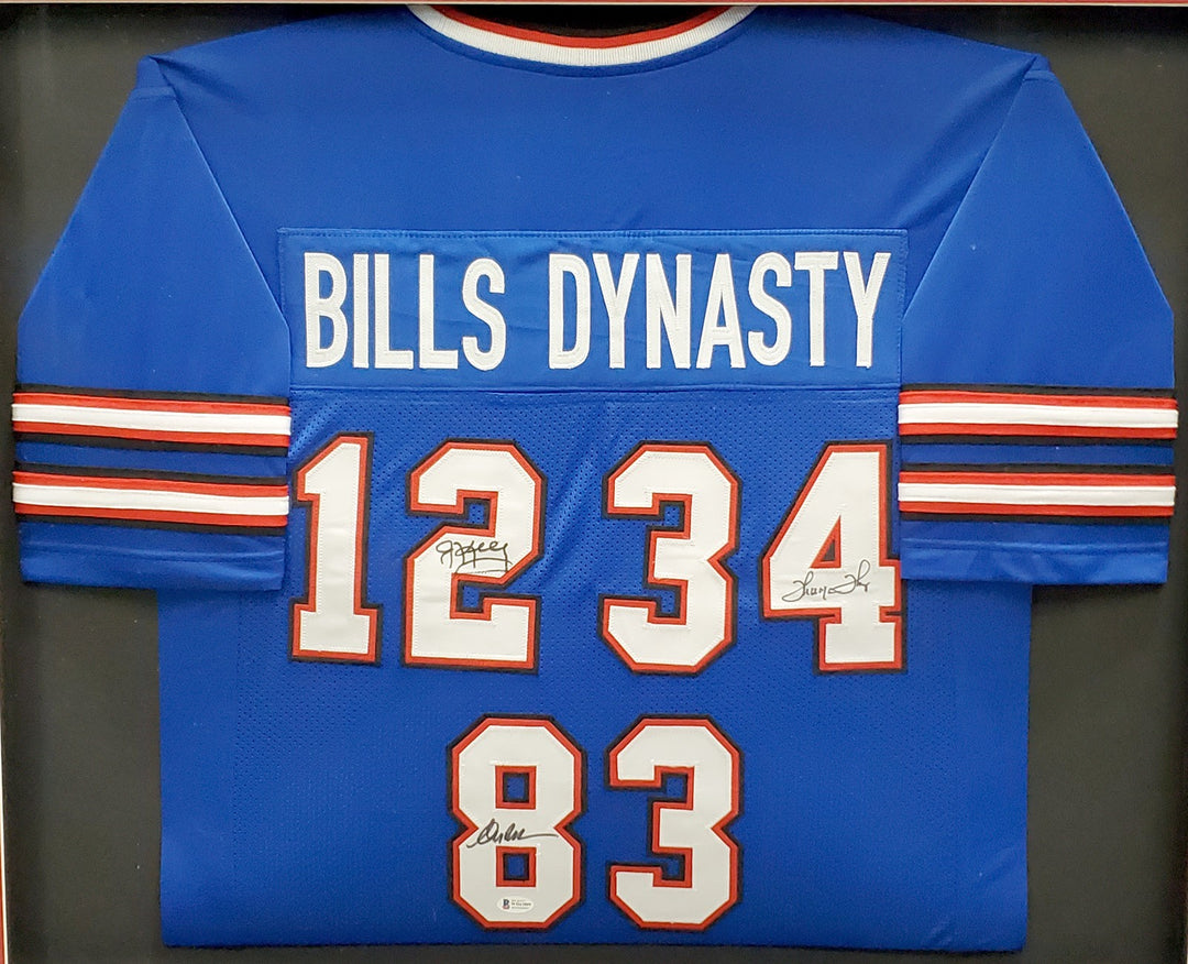 Bills Team Greats Signed Framed Blue Jersey With 3 Sigs Beckett BAS