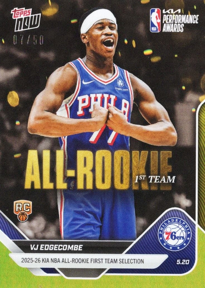 2025 Topps Now VJ Edgecombe #AR03 Gold Foil /50 Rookie RC Basketball Card