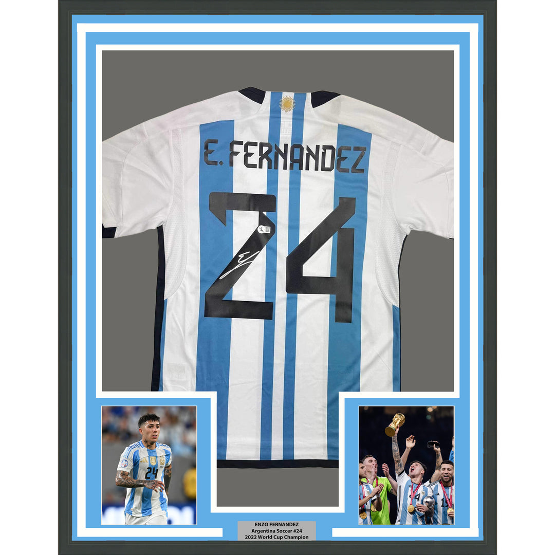 Framed Autographed/Signed Enzo Fernandez 35x39 Argentina Jersey Beckett BAS COA