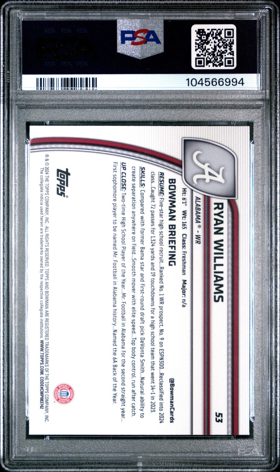 Graded 2024 Bowman U Chrome University Ryan Williams #53 RC Card PSA 10
