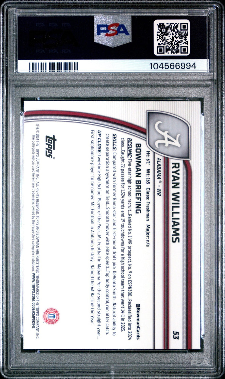 Graded 2024 Bowman U Chrome University Ryan Williams #53 RC Card PSA 10