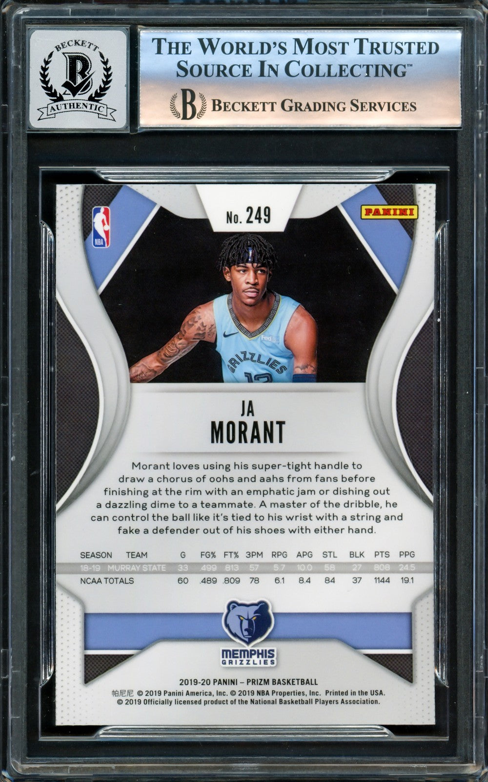 Ja Morant Signed 2019-20 Panini Prizm RC 249 Grizzlies Auto GM 10 Beckett