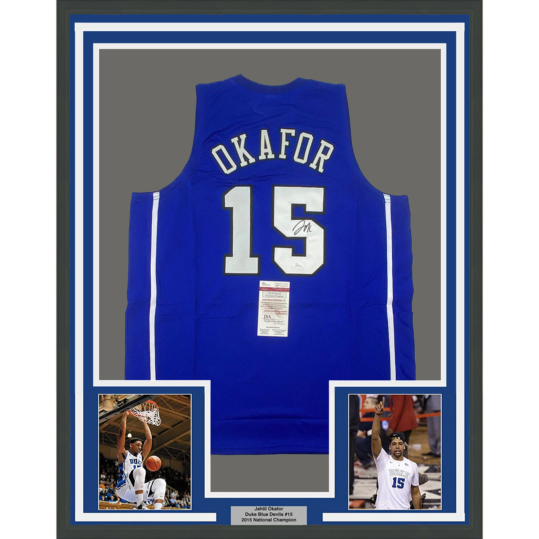 FRAMED Autographed/Signed JAHLIL OKAFOR 33x42 Duke Blue College Jersey JSA COA