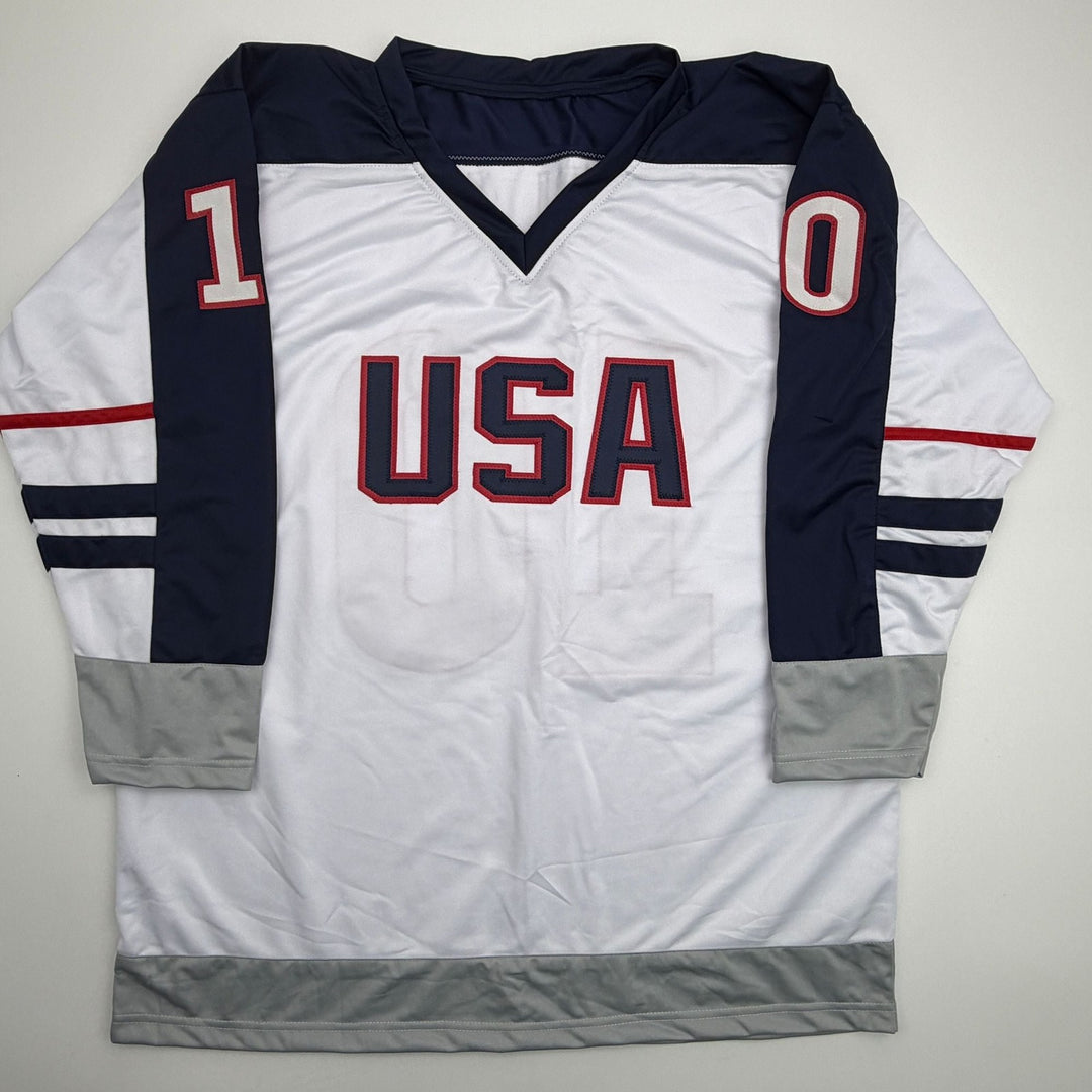 Autographed/Signed John LeClair United States USA White Jersey Beckett COA