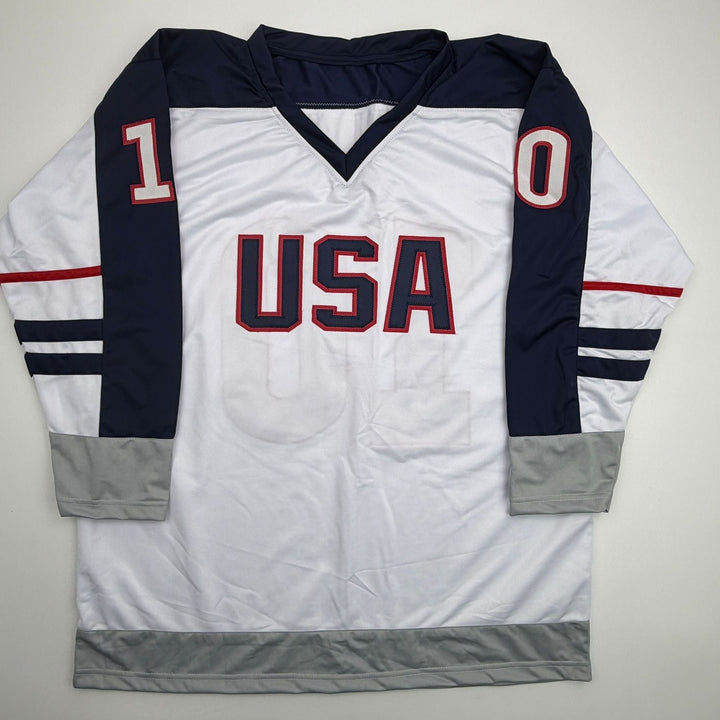 Autographed/Signed John LeClair United States USA White Jersey Beckett COA