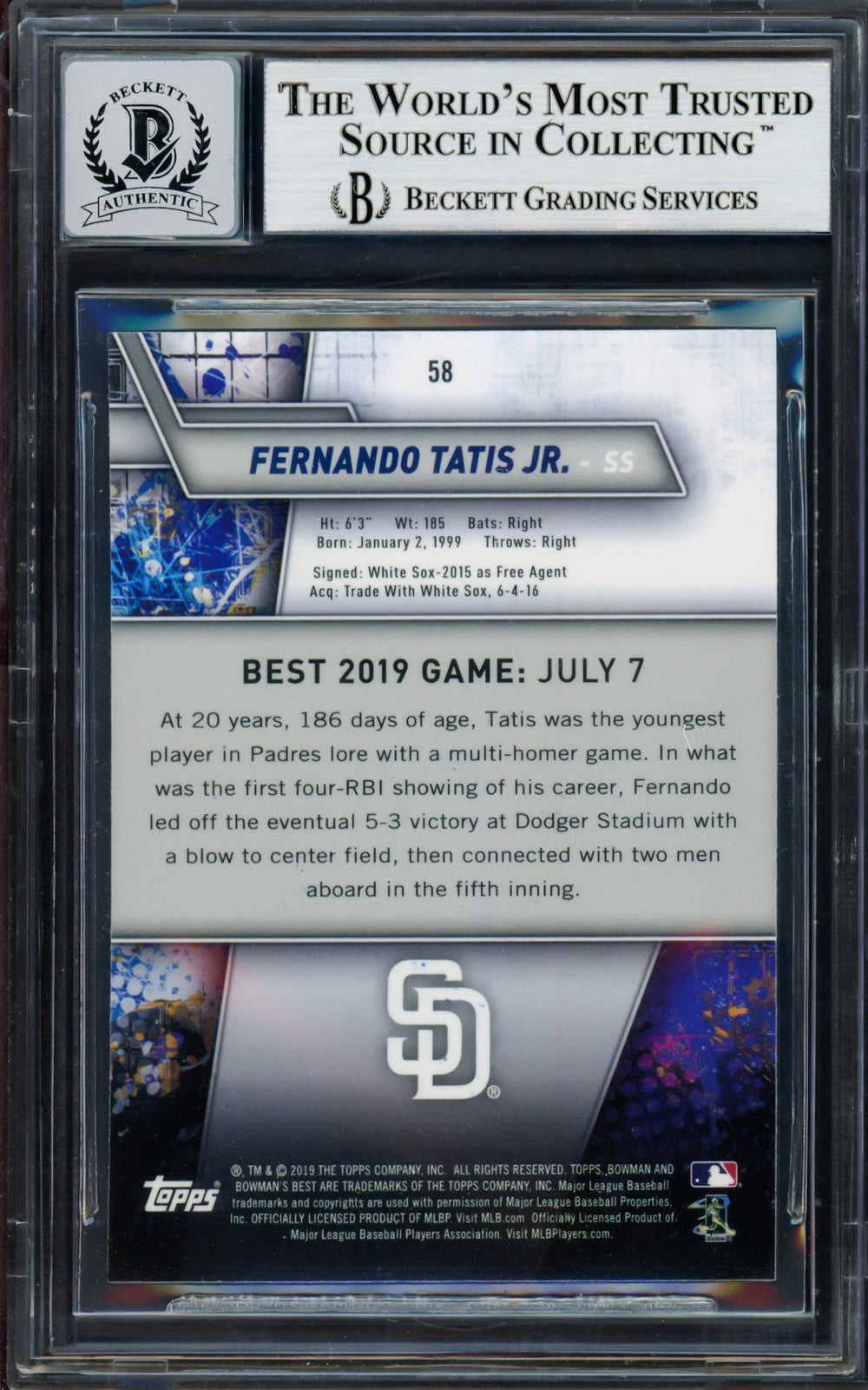 Fernando Tatis Jr. Signed 2019 Bowman's Best RC 58 Padres Auto GM 10 Beckett