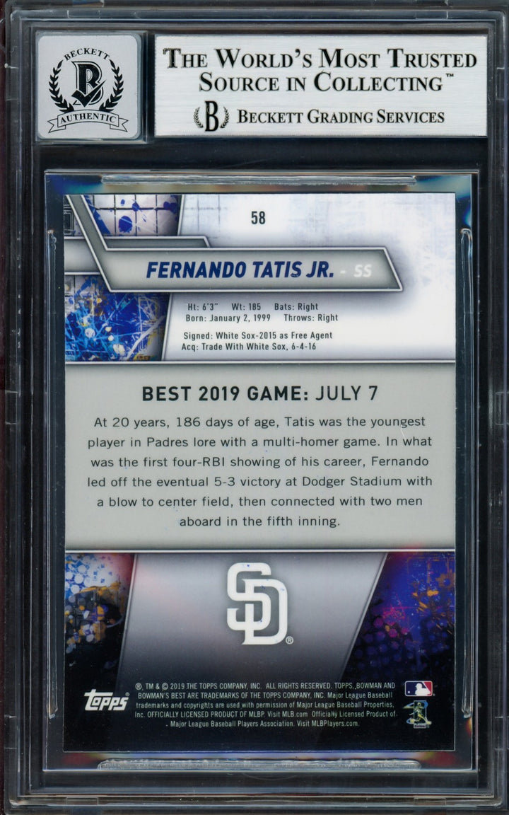 Fernando Tatis Jr. Signed 2019 Bowman's Best RC 58 Padres Auto GM 10 Beckett