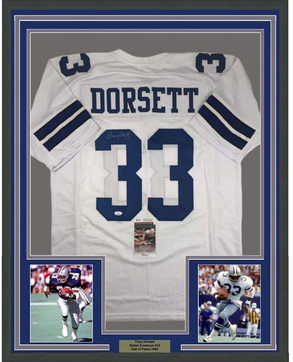 FRAMED Autographed/Signed TONY DORSETT 33x42 Dallas White Jersey JSA COA Auto