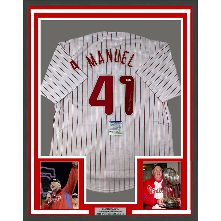 Framed Autographed/Signed Charlie Manuel 33x42 Pinstripe Jersey PSA/DNA COA