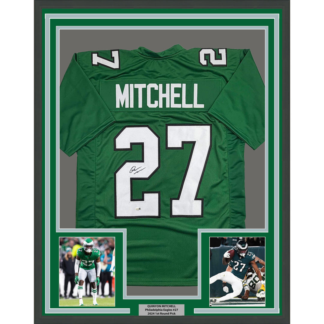 Framed Autographed/Signed Quinyon Mitchell 35x39 Kelly Green Jersey JSA COA