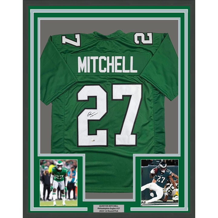 Framed Autographed/Signed Quinyon Mitchell 35x39 Kelly Green Jersey JSA COA