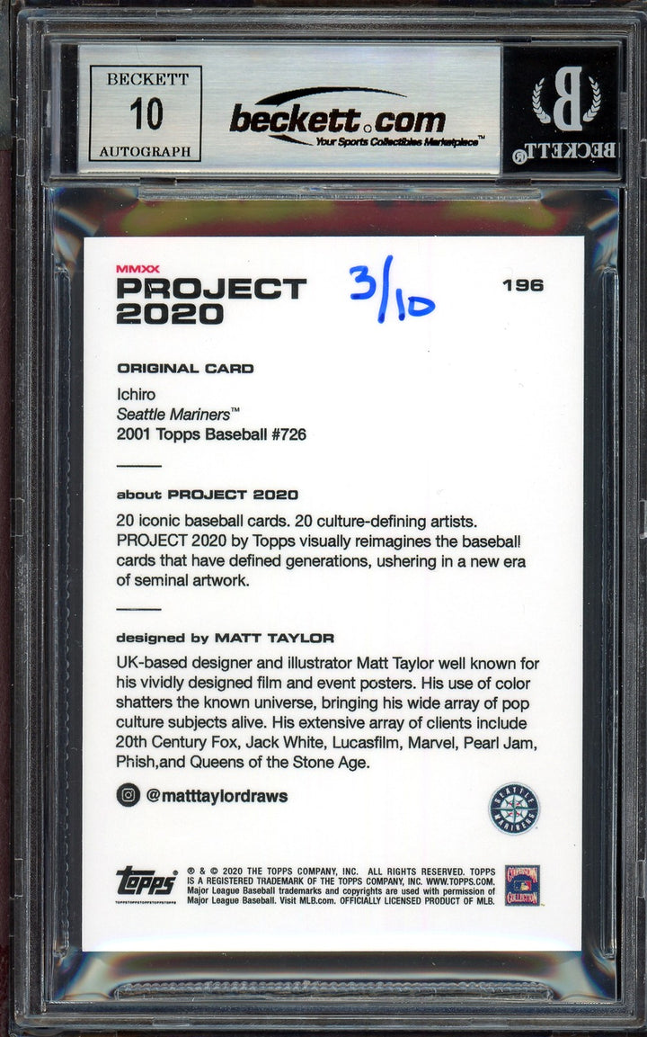 Ichiro Suzuki Auto Topps Project 2020 Matt Taylor Card 196 Auto 10 #/10 Beckett