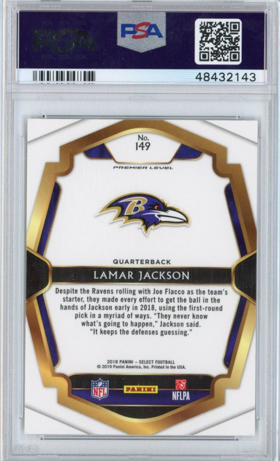 Graded 2018 Panini Select Lamar Jackson #149 Premier Level Rookie RC Card PSA 10
