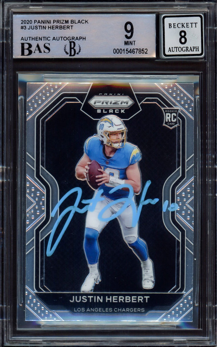 Justin Herbert Signed 2020 Panini Prizm Black RC 3 Chargers BGS 9 Sig 8 Beckett
