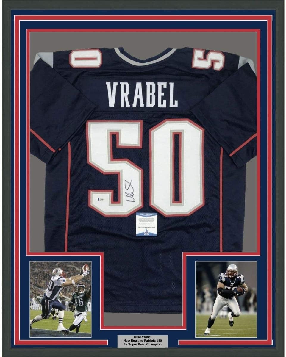 Framed Autographed/Signed Mike Vrabel 35x39 New England Blue Jersey BAS COA