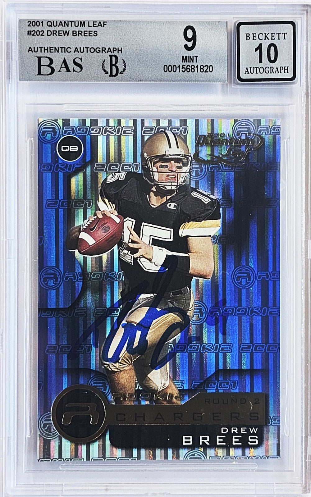 Drew Brees Signed 2001 Quantum Leaf RC 202 Chargers BGS 9 Auto 10 Beckett