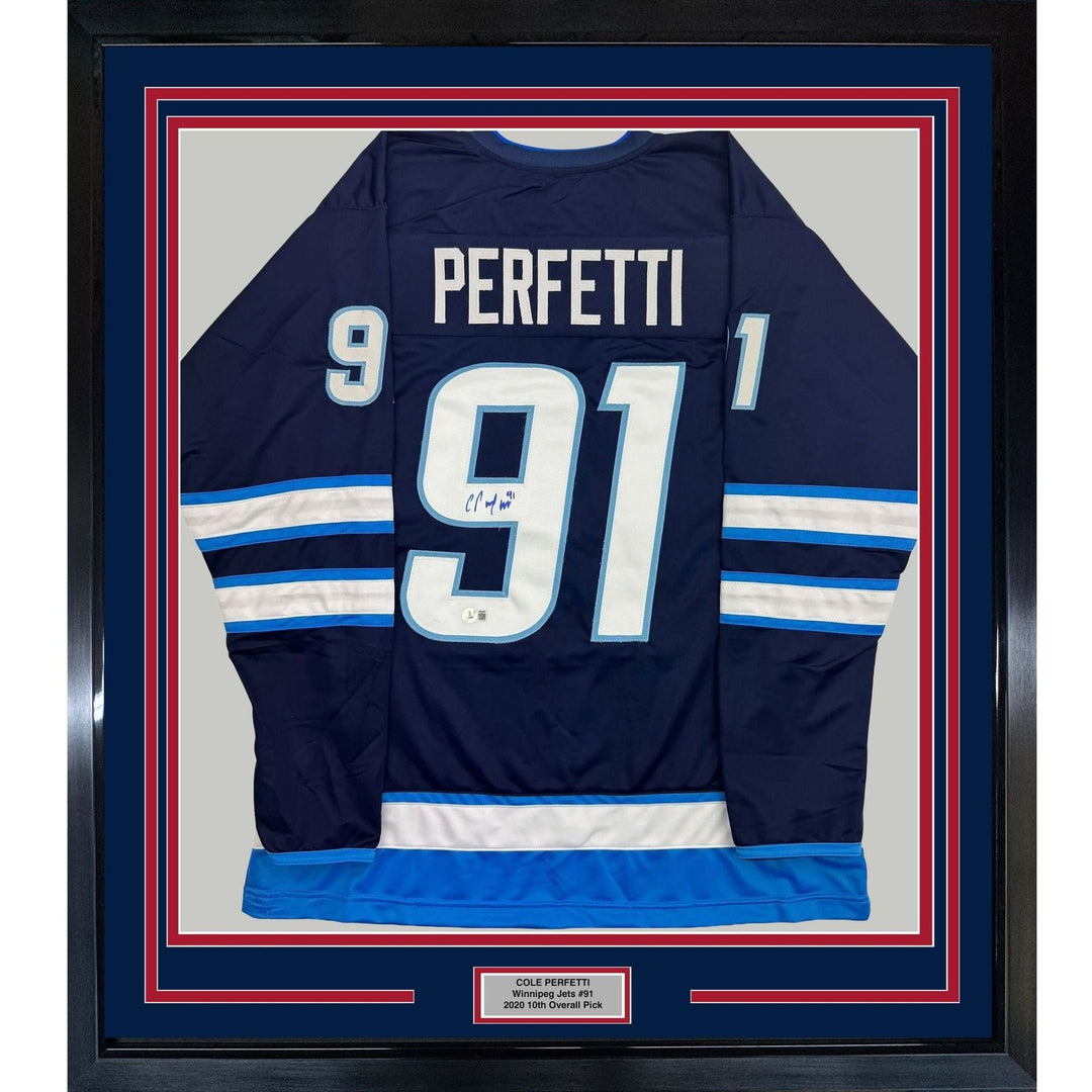Framed Autographed/Signed Cole Perfetti 35x39 Winnipeg Blue Jersey BAS COA