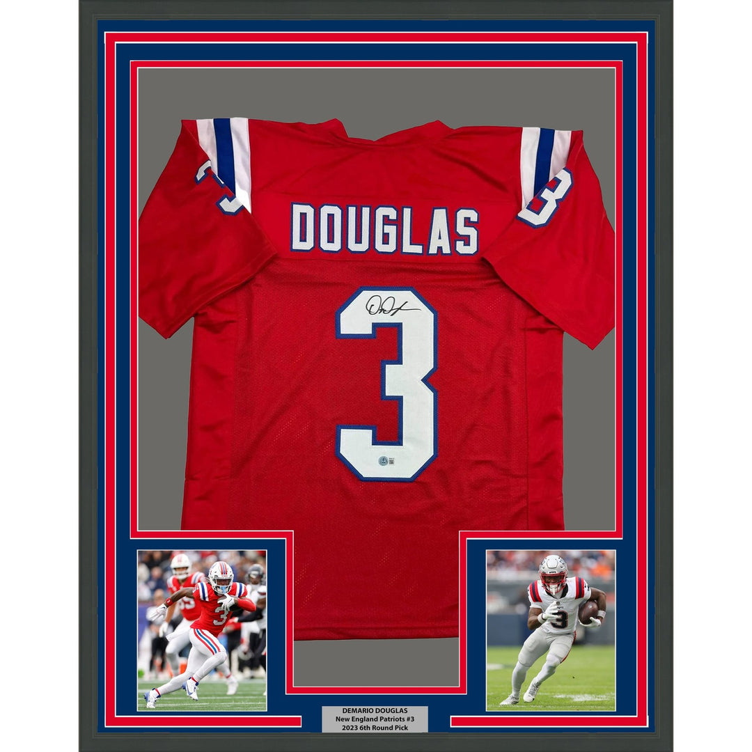 Framed Autographed/Signed DeMario Douglass 35x39 New England Red Jersey COA