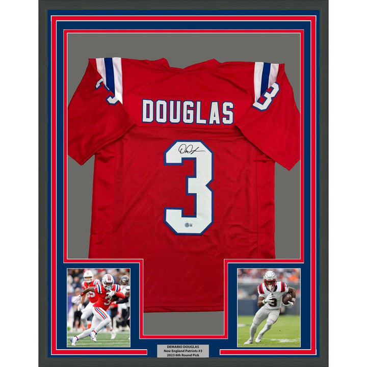 Framed Autographed/Signed DeMario Douglass 35x39 New England Red Jersey COA
