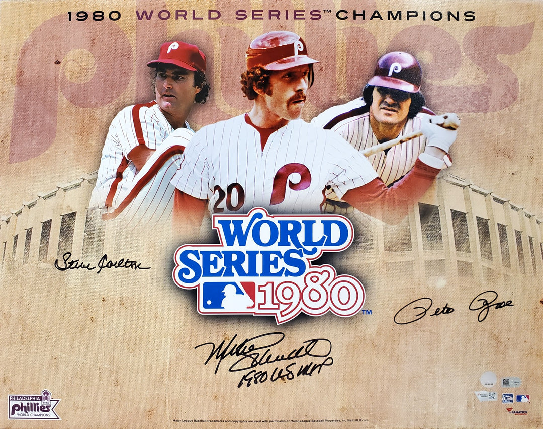 1980 WS Champ Phillies Auto 16x20 Photo - Pete Rose, Schmidt & Carlton MLB Holo