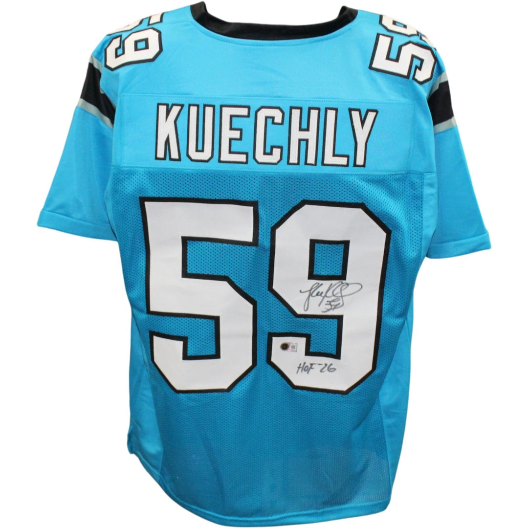 Luke Kuechly Autographed Pro Style sz XL Teal Jersey HOF Beckett Witness 56891