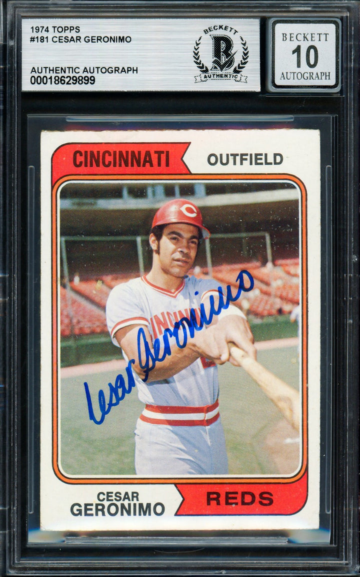 Cesar Geronimo Signed 1974 Topps Card 181 Reds Auto GM 10 Beckett #18629899