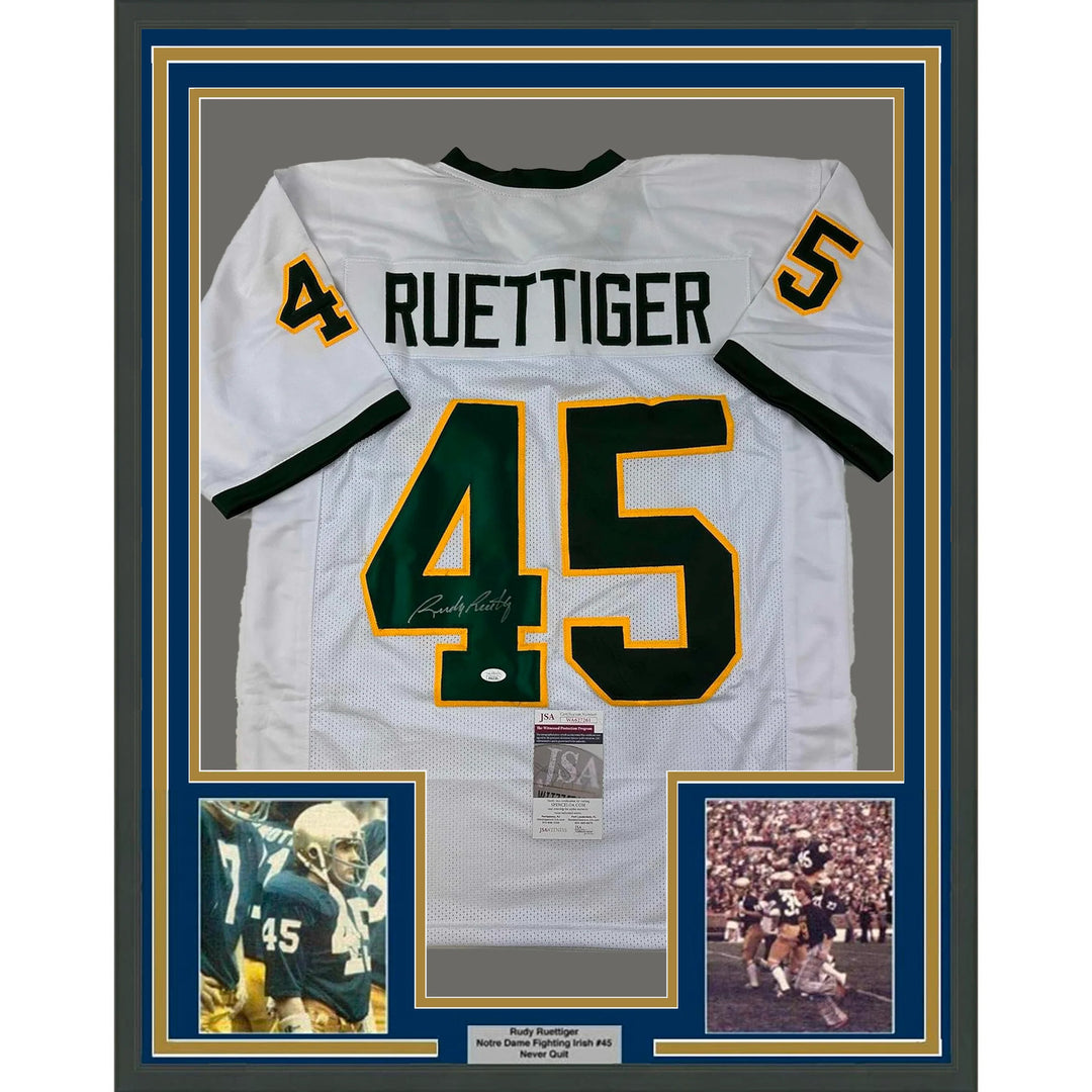 Framed Autographed/Signed Rudy Ruettiger 33x42 ND White/Green Jersey JSA COA