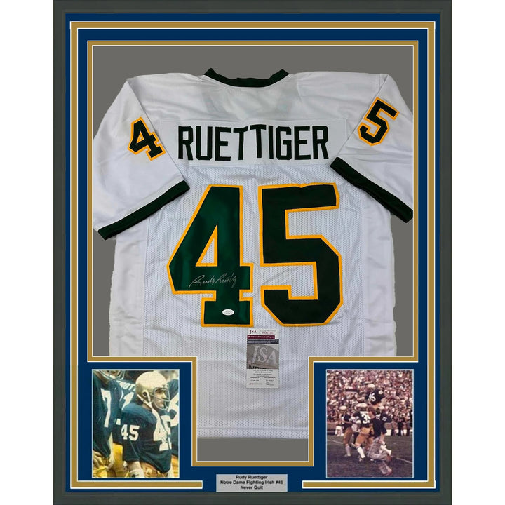 Framed Autographed/Signed Rudy Ruettiger 33x42 ND White/Green Jersey JSA COA