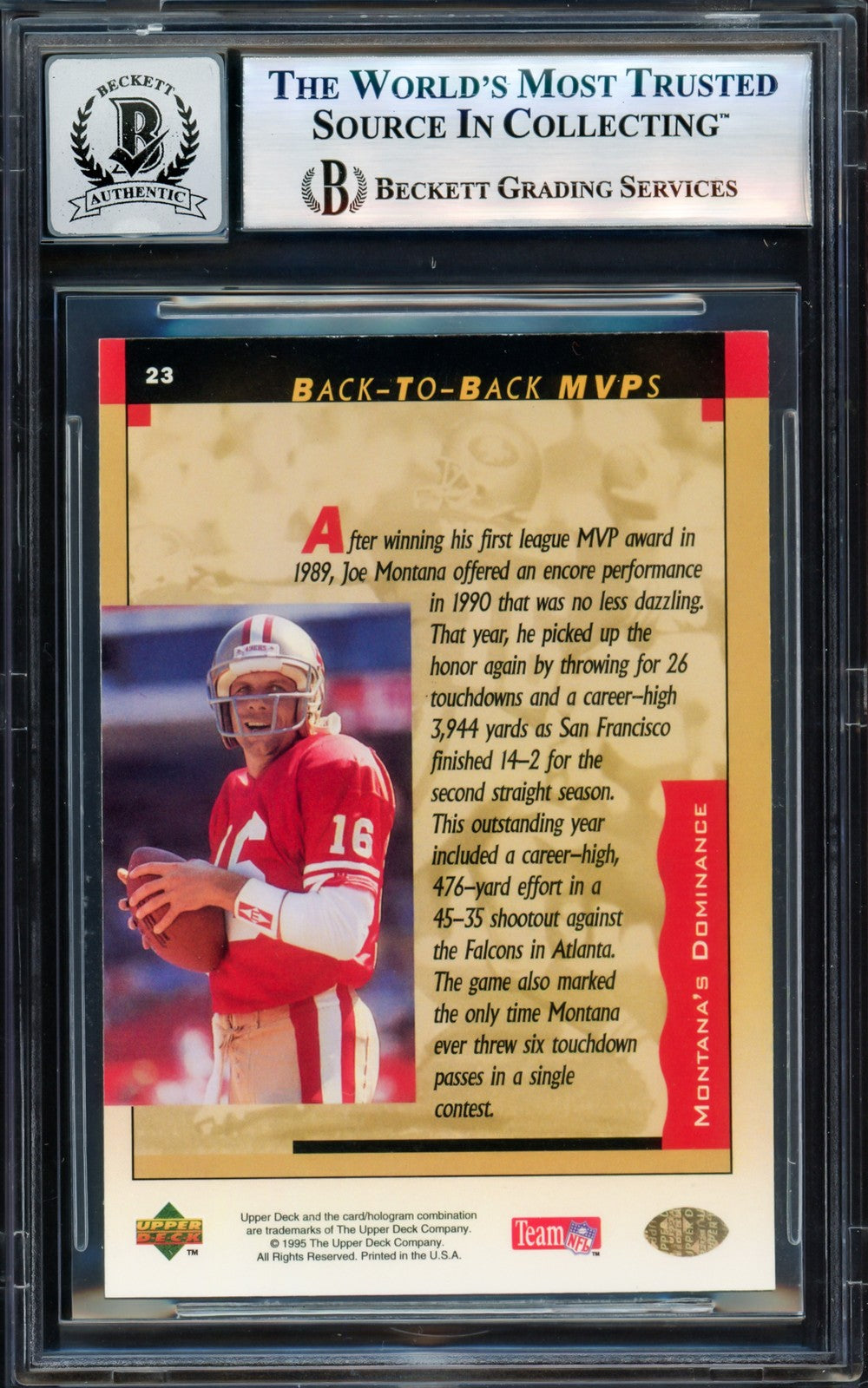 Joe Montana Signed 1995 Upper Deck Card 23 49ers Auto GM 10 Beckett #17604242